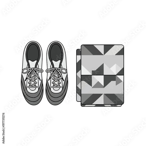 A pair of minimalist soccer cleats and a folded scarf with a geometric pattern, neatly arranged on a white background. Soft overhead lighting, organized and ready mood. flat vector illustration,