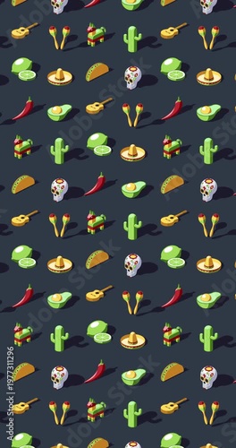 Vertical Cinco de Mayo themed seamless background animation of colorful isometric icons
