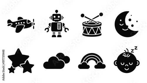 A collection of monochrome icons depicts childhood themes a plane robot drum moon stars clouds rainbow and sleeping baby high quality