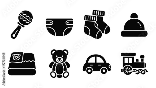 A collection of black silhouette icons depicting baby items such as toys clothing and nursery objects high quality professional detailed modern