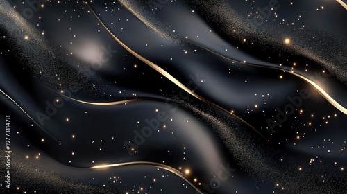Abstract dark background with flowing gold lines and glittering particles