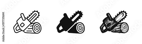 Chainsaw and wood log icons set in outline, solid, and hand-drawn style