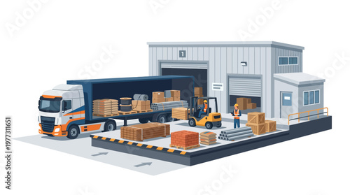 Isometric Illustration of an Industrial Warehouse Logistics Hub with Semi-Truck, Forklift, and Workers Loading Construction Materials