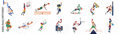 Collection of flat minimalist illustrations featuring professional basketball players in various dynamic poses like dunking and dribbling on a white background.