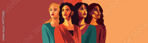 Vector abstract banner, Women's Day, March 8th, Equality Day. Women of different cultures, skin colors, nationalities are together, looking up. Movements for gender equality and women's empowerment