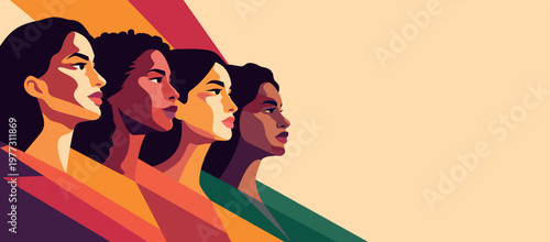 Vector horizontal abstract banner, Women's Day, March 8, Equality Day. Women of different cultures, nationalities are together, looking up. Movements for gender equality, women's empowerment