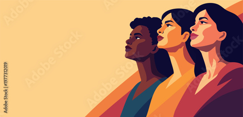 Women's Day, March 8. Women of different nationalities, cultures, together, looking up. Unity, equality, empowerment. Vector abstract banner, geometric shapes. For posters, social networks