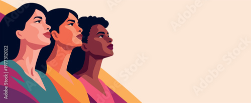 Women's Day, March 8, Equality Day. Women of different nationalities and cultures are together, looking up. Unity, feminism, empowerment. Vector abstract banner. For posters, social networks