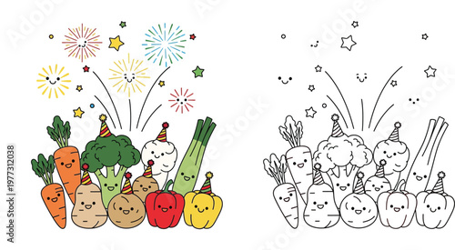 Kawaii Vegetable Party Celebration and Coloring Page with Cute Carrot Broccoli Pepper Characters and Fireworks Vector Illustration