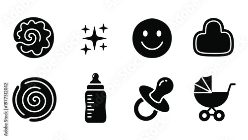 A collection of black glyph icons depicting baby related items including a snail stars happy face and stroller high quality professional