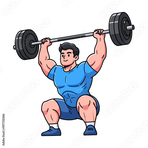 Cartoon Man Lifting Barbell Overhead in Squat Position, Fitness and Strength Training