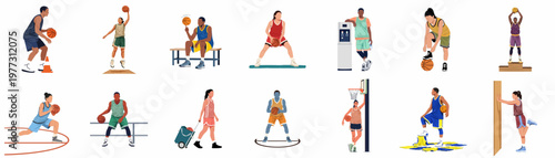 Set of flat vector illustrations featuring diverse male and female basketball players in various poses, from training and playing to resting and celebrating.