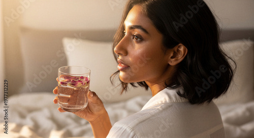 Young woman holding a glass of water with flower petals in bedroom  