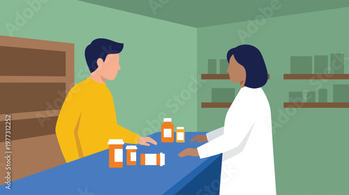 Pharmacist and customer at the counter.
