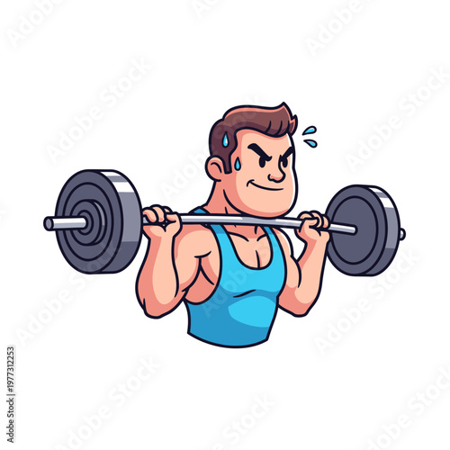 Cartoon man lifting heavy barbell, fitness workout, strength training, bodybuilder