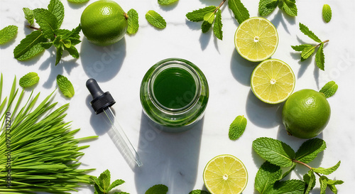 Green liquid in dropper bottle surrounded by fresh lime and mint leaves  