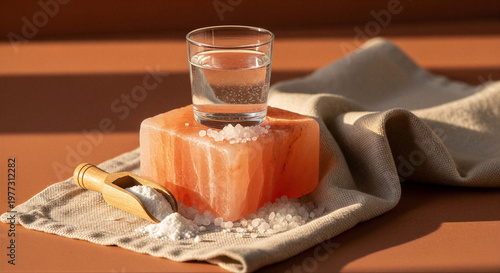 Glass of water on Himalayan salt block with scoop and towel  