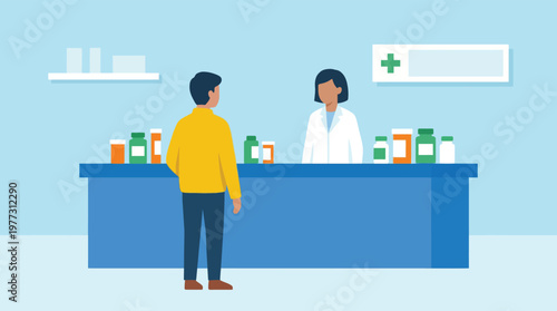 Pharmacist and customer at pharmacy counter.