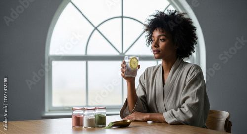 Young black woman drinking water with lemon while sitting at home  
