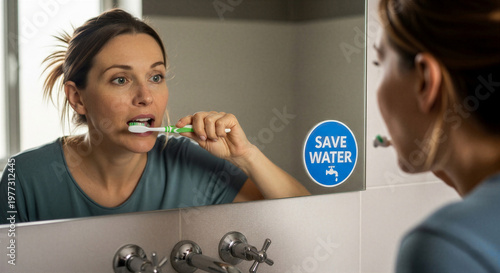 Woman brushing her teeth in bathroom with save water sign  
