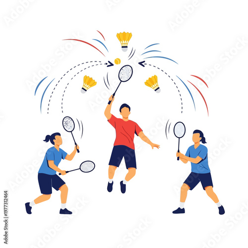 Active Badminton Game with Players and Shuttlecocks in Motion