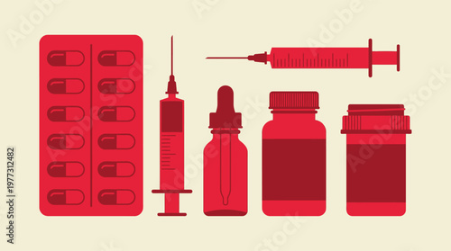 Red medical supplies and pills illustration.