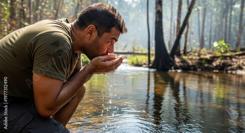 Man drinking water from stream in forest surrounded by smoke  
