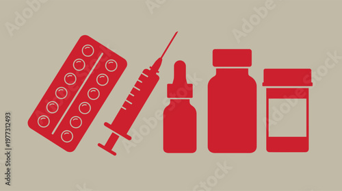 Medical supplies and pharmaceutical icons.
