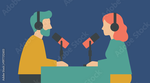 Two people podcasting with microphones.