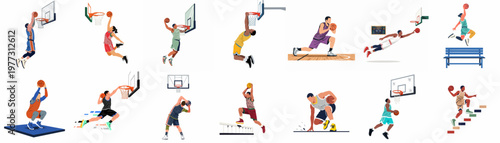 Set of dynamic basketball player illustrations featuring men and women in action-packed poses like dunking, shooting, and jumping on a white background.