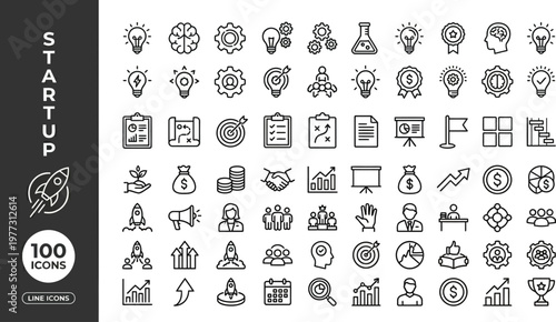 A collection of 100 black and white line icons for startup businesses and entrepreneurs Ai, eps, jpg, transparent background, png