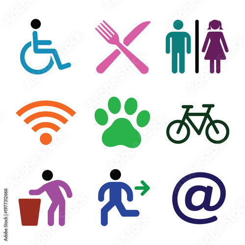 Collection of colorful public information signs including disabled access restaurant restroom wifi pet friendly bicycle and exit.