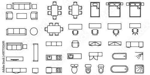 Comprehensive collection of architectural furniture plan symbols including various seating arrangements, kitchen appliances, bathtubs, and office workstations for detailed technical drawing and spatia