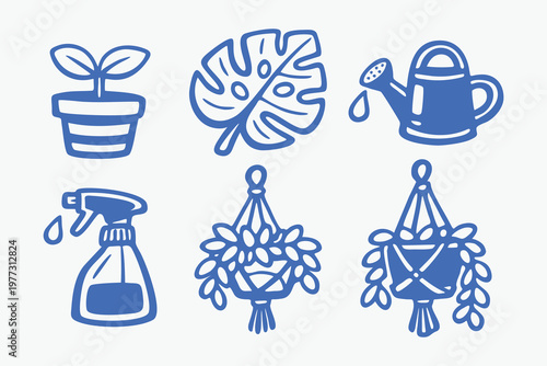 Schilderij op canvas Blue Hand-Drawn Houseplant and Gardening Icon Set