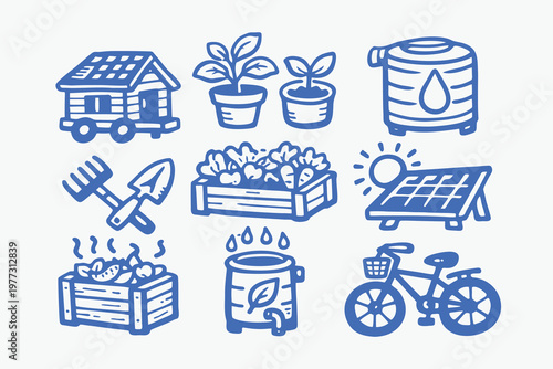 Sustainable Living and Organic Gardening Hand-Drawn Icon Set