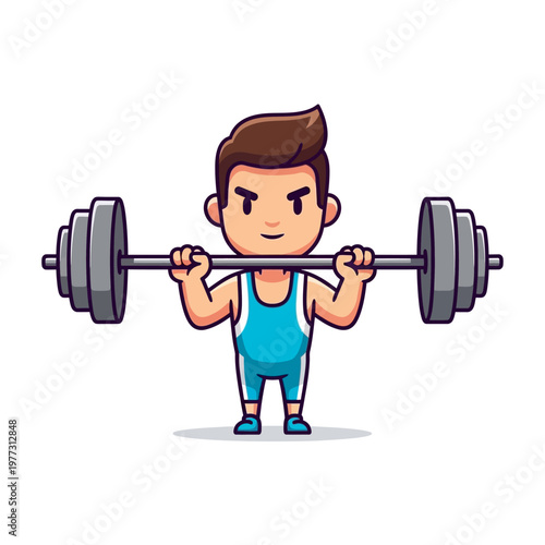 Cartoon weightlifter lifting heavy barbell, strong man doing exercise, fitness and sport illustration
