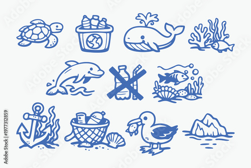 Ocean Conservation and Plastic Pollution Icon Set