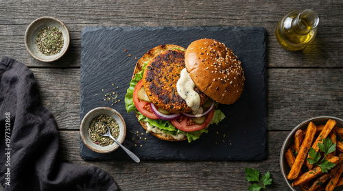 Top view of a tasty plant-based veggie burger with fresh vegetables and creamy sauce on a black slate board, served with sweet potato fries on dark rustic wooden surface.