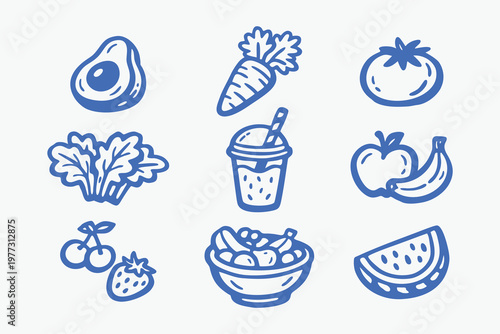 Blue Hand-Drawn Fruit and Vegetable Icons Set