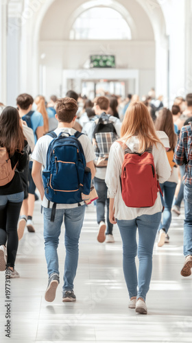 Crowd of young adults walking in a bright, busy hallway with backpacks