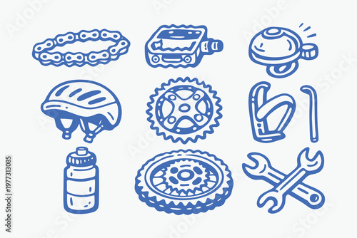 Hand-Drawn Bicycle Parts and Maintenance Tools Icon Set