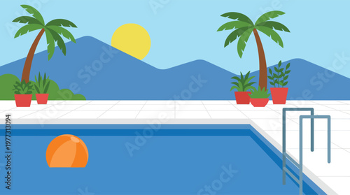 A serene tropical resort pool scene.