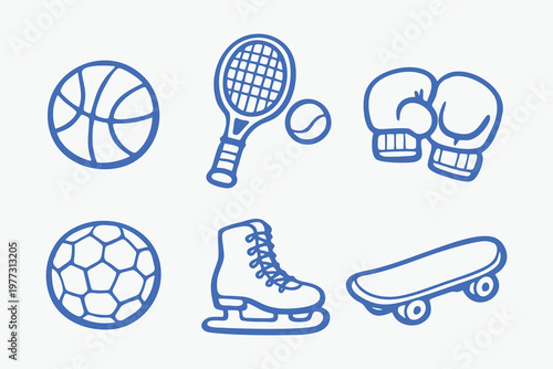 Hand Drawn Blue Sports Equipment Icons Set