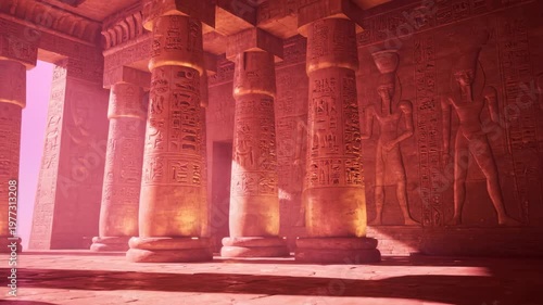 Inside a sandstone Egyptian temple, lit with warm sunlight