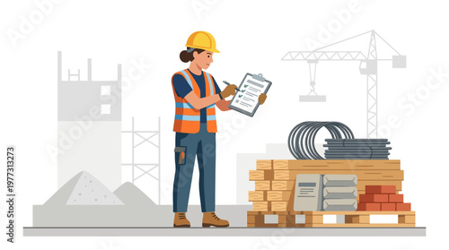 Female Civil Engineer or Construction Inspector with Clipboard and Safety Gear at Building Site Illustration