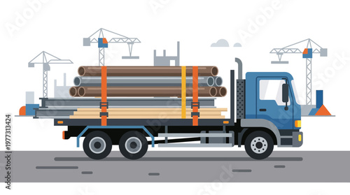 Heavy Duty Flatbed Truck Transporting Construction Materials Illustration - Metal Pipes, Steel Beams, and Lumber Delivery Concept for Logistics and Infrastructure Projects