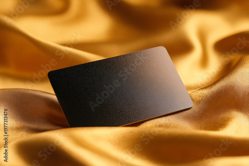 Sleek, blank business card set against a smooth, satin gold fabric background. ideal for representing luxury and exclusivity.