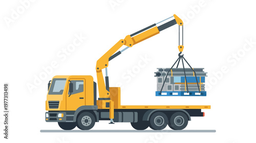 Yellow Crane Truck Vector Illustration Lifting Construction Materials on Flatbed Trailer for Logistics and Industry