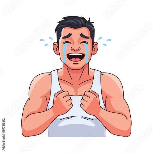 Man Crying with Joy, Emotional Expression, White Tank Top, Isolated on White Background
