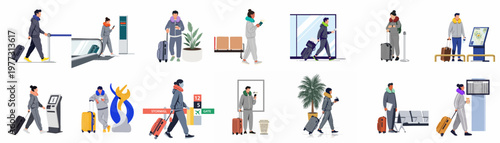 Flat Vector Illustration Collection of Diverse Travelers with Suitcases and Neck Pillows Navigating an Airport Terminal Environment